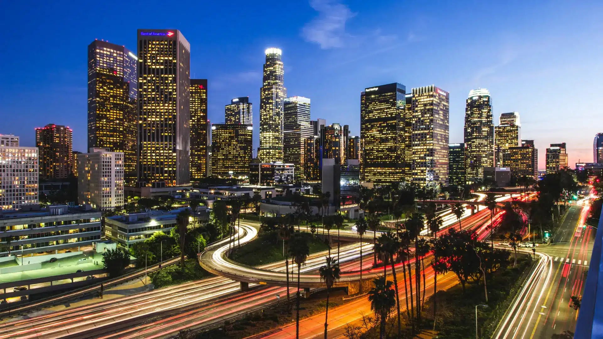 Downtown Los Angeles skyline with traffic at night