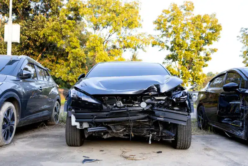 Damaged car after rear-end accident in California with insurance settlement paperwork